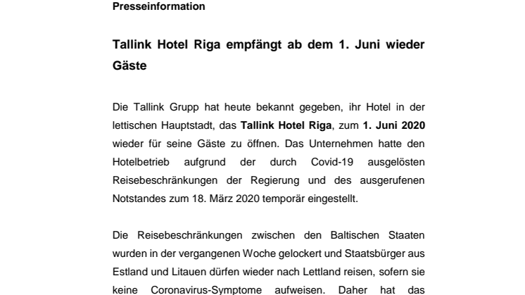 Tallink Hotel Riga empfängt ab dem 1. Juni wieder Gäste