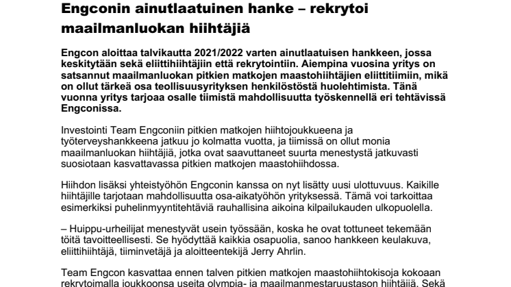 261021_Press_Engconin ainutlaatuinen hanke – rekrytoi maailmanluokan hiihtäjiä