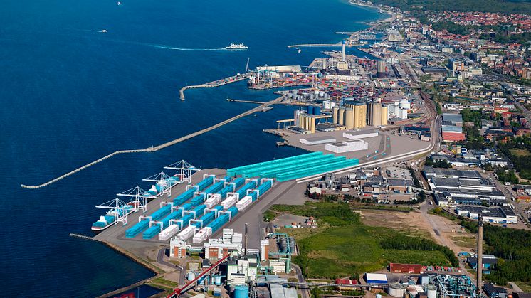 Mock-up of how the new proposed container terminal at The Port of Helsingborg may look in the future. Photo: Bertil Hagberg, Artist impression: Studio E