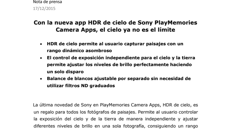 Con la nueva app HDR de cielo de Sony PlayMemories Camera Apps, el cielo ya no es el límite