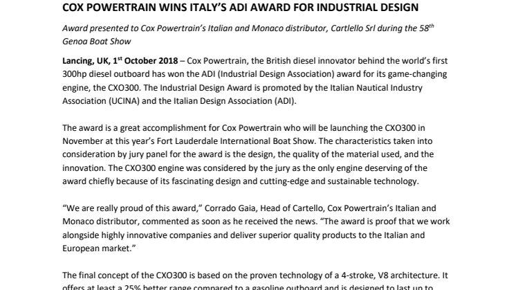 COX POWERTRAIN WINS ITALY’S ADI AWARD FOR INDUSTRIAL DESIGN