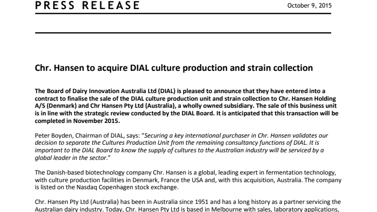 Chr. Hansen to acquire DIAL culture production and strain collection