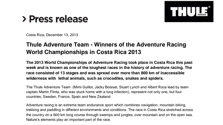 Thule Adventure Team - Winners of the Adventure Racing World Championships in Costa Rica 2013 