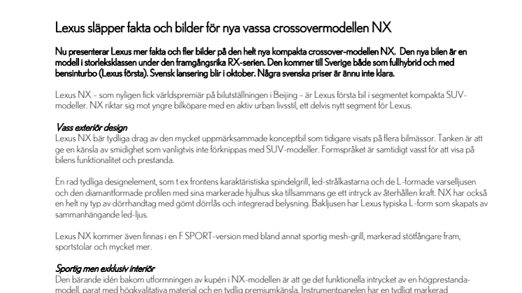 Lexus släpper fakta och bilder för nya vassa crossovermodellen NX