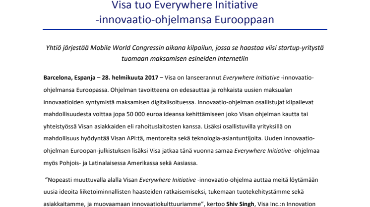 Visa tuo Everywhere Initiative  -innovaatio-ohjelmansa Eurooppaan