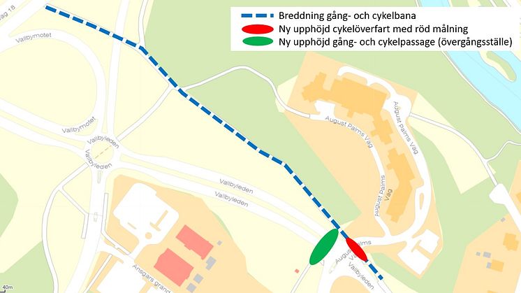 Den gröna markeringen visar den nya gång- och cykelpassagen. Här ska cyklister lämna företräde till fordonstrafiken. Bilister ska lämna företräde till fotgängare.