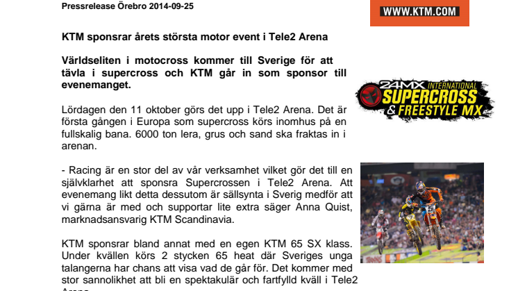 KTM sponsrar årets största motorevent i Tele2 Arena