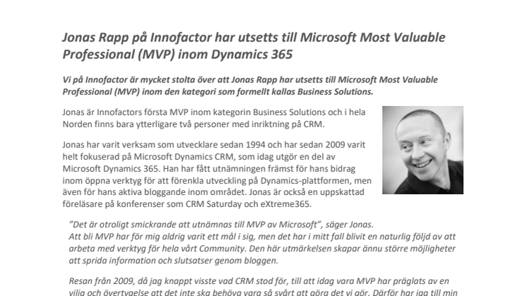 Jonas Rapp på Innofactor har utsetts till Microsoft Most Valuable Professional (MVP) inom Dynamics 365   