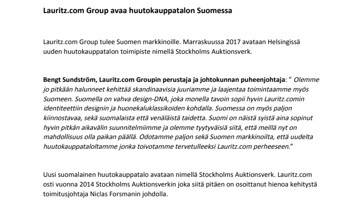 Lauritz.com Group avaa huutokauppatalon Suomessa