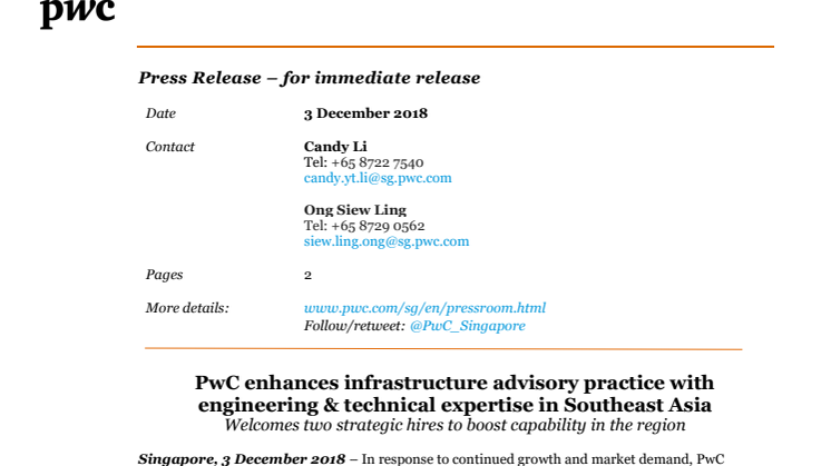 PwC enhances infrastructure advisory practice with engineering & technical expertise in Southeast Asia