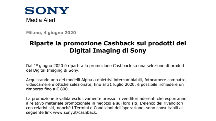 Riparte la promozione Cashback sui prodotti del Digital Imaging di Sony
