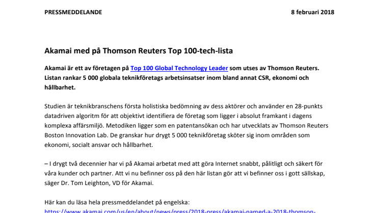Akamai med på Thomson Reuters Top 100-tech-lista 