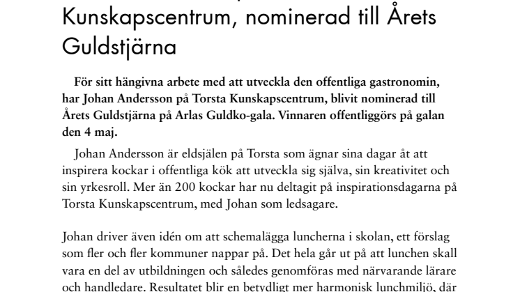 Johan Andersson på Torsta Kunskapscentrum, nominerad till Årets Guldstjärna