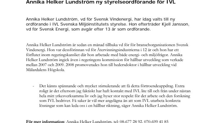 Annika Helker Lundström ny styrelseordförande för IVL