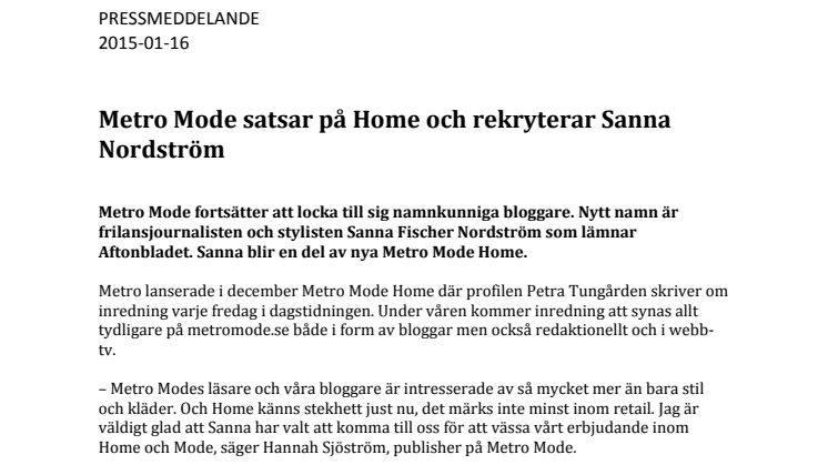 Metro Mode satsar på Home och rekryterar Sanna Fischer Nordström 