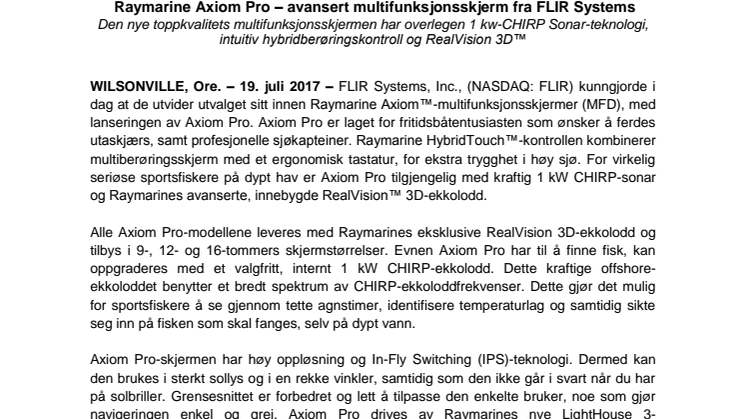 Raymarine: Raymarine Axiom Pro – avansert multifunksjonsskjerm fra FLIR Systems