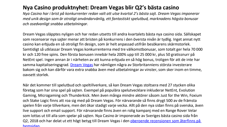 Nya Casino produktnyhet: Dream Vegas blir Q2’s bästa casino