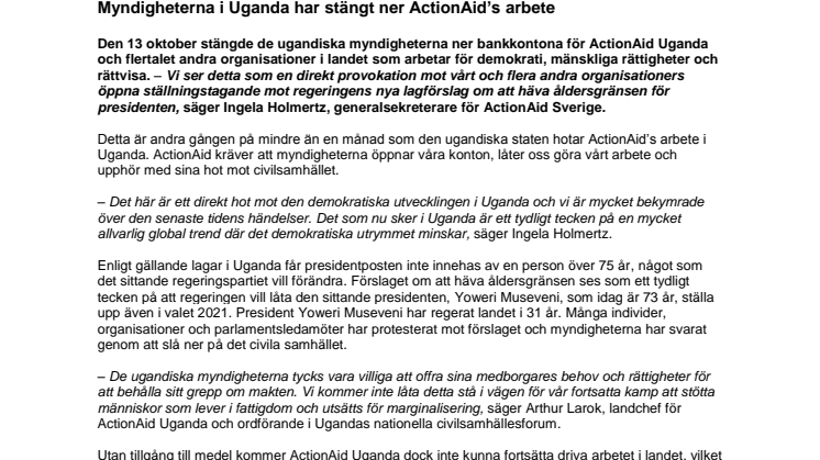 Myndigheterna i Uganda har stängt ner ActionAid’s arbete