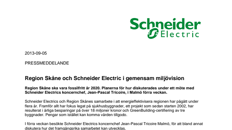 Region Skåne och Schneider Electric i gemensam miljövision