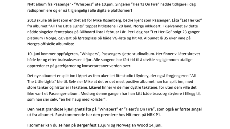 Nytt album fra Passenger - ”Whispers” ute 10.juni. Singelen ”Hearts On Fire” ute nå!