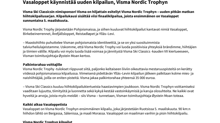 Vasaloppet käynnistää uuden Visma Nordic Trophy -kilpailusarjan