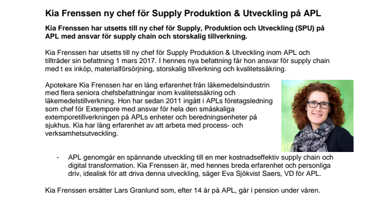 Kia Frenssen ny chef för Supply Produktion & Utveckling på APL