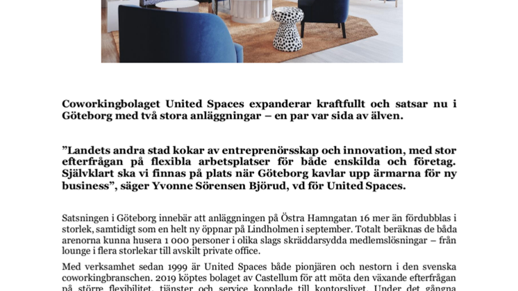 United Spaces storsatsar i Göteborg med coworking på bägge sidor älven