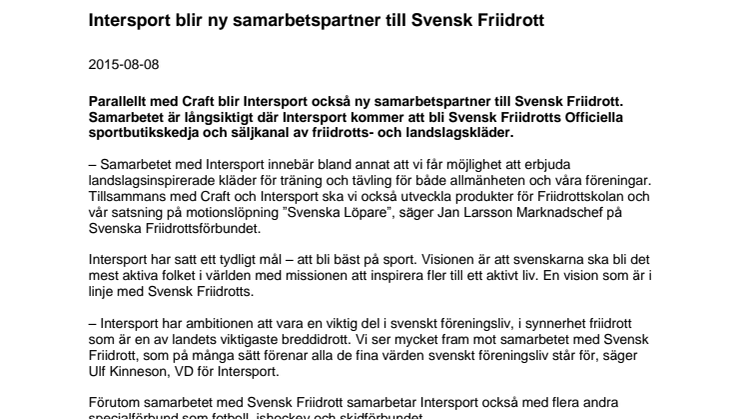 Intersport blir ny samarbetspartner till Svensk Friidrott