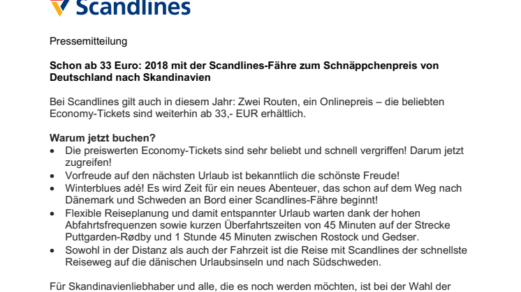 Schon ab 33 Euro: 2018 mit der Scandlines-Fähre zum Schnäppchenpreis von Deutschland nach Skandinavien