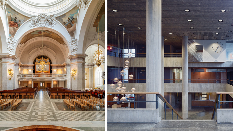 Gustaf Vasa Kyrka av Agi Lindgren från 1906 och S:t Görans gymnasium av Leonie Geisendorf från 1960. Foto: Antonius van Arkel och Åke E:son Lindman. 