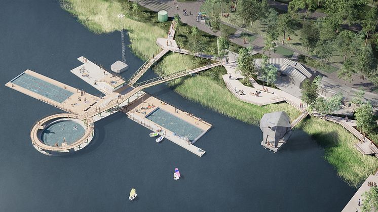 Hamnbadet blir en förlängning av Jubileumsparken på land, med en längre simbassäng (till vänster i bild), en rund dykbassäng och en badbassäng (till höger i bild). Visualisering: Raumlaborberlin