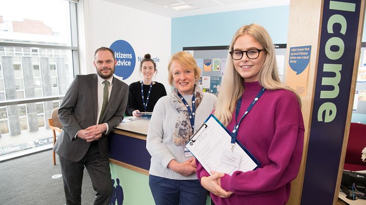 Paul Mckeown, Director of the Student Law Office at Northumbria, Law student volunteer Kelly Anderson, Shona Alexander, Chief Executive of Citizens Advice Newcastle and volunteer law student Imogen Joy.