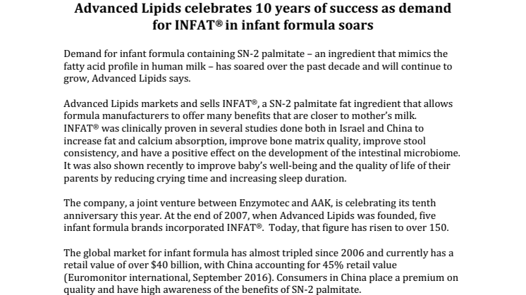 PRESS RELEASE: Advanced Lipids celebrates 10 years of success as demand for INFAT® in infant formula soars