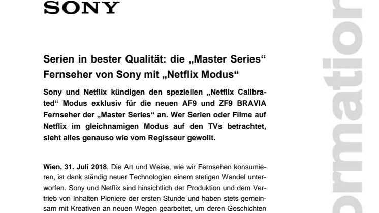 Serien in bester Qualität: die „Master Series“ Fernseher von Sony mit „Netflix Modus“