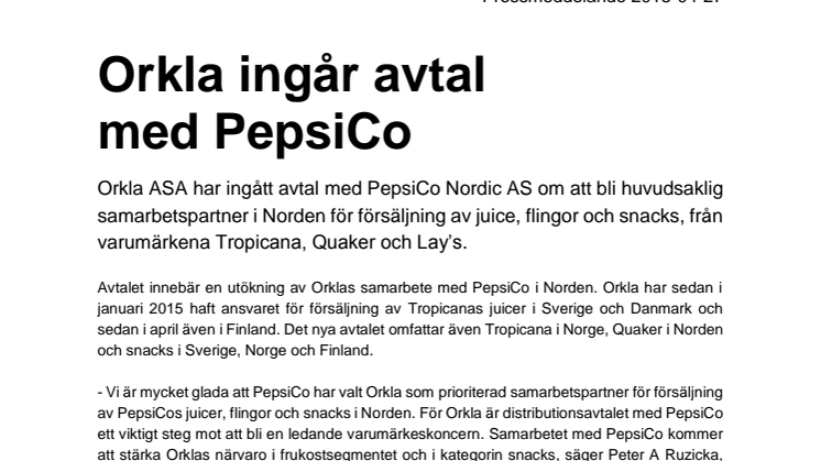 Orkla ingår avtal med PepsiCo