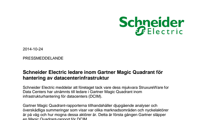 Schneider Electric ledare inom Gartner Magic Quadrant för hantering av datacenterinfrastruktur