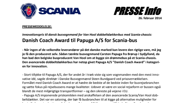 Danish Coach Award til Papuga A/S for Scania-bus