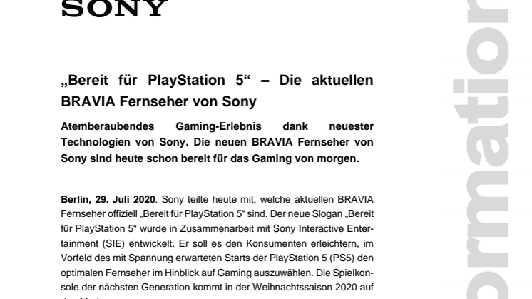 „Bereit für PlayStation 5“ – Die aktuellen BRAVIA Fernseher von Sony