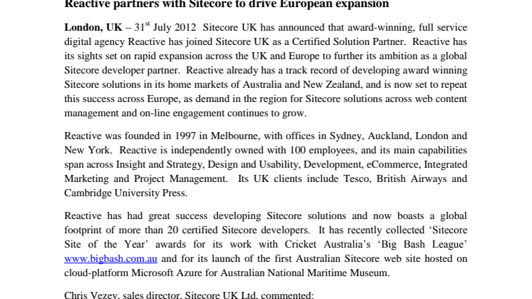 Reactive partners with Sitecore to drive European expansion