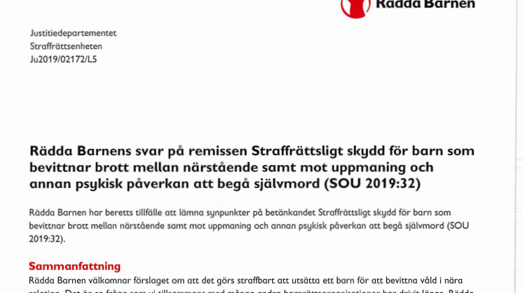 Rädda Barnens remisssvar i sin helhet