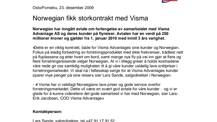 Norwegian fikk storkontrakt med Visma