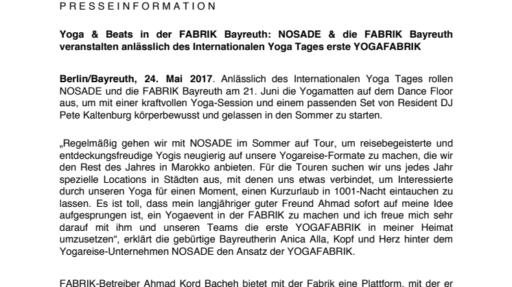 Yoga & Beats in der FABRIK Bayreuth: NOSADE & die FABRIK Bayreuth veranstalten anlässlich des Internationalen Yoga Tages erste YOGAFABRIK