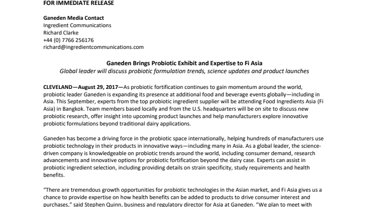 Press Release – Ganeden Brings Probiotic Exhibit and Expertise to Fi Asia