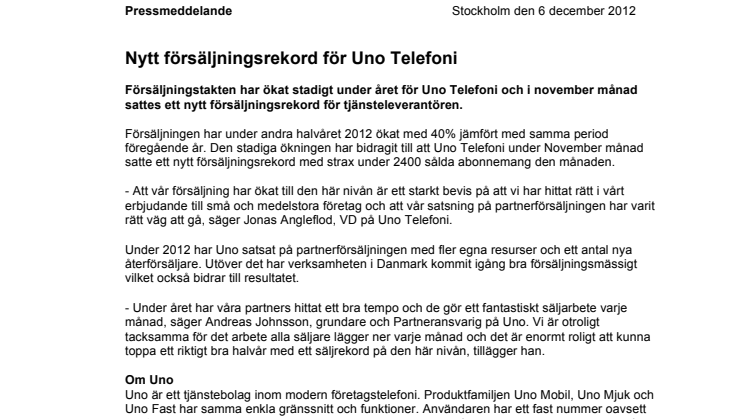 Nytt försäljningsrekord för Uno Telefoni