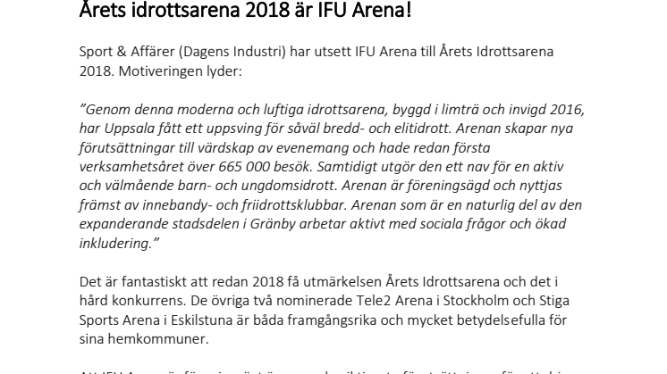 Årets idrottsarena 2018 är IFU Arena!