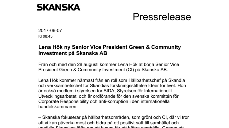 Lena Hök ny Senior Vice President Green & Community Investment på Skanska AB