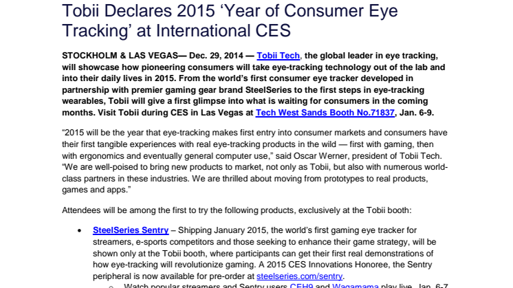 Tobii Declares 2015 ‘Year of Consumer Eye Tracking’ at International CES 