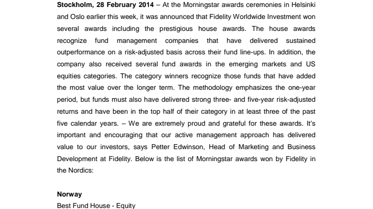 Fidelity Worldwide Investment wins prestigious awards in Norway and Finland