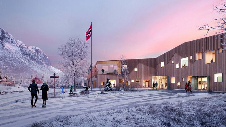 LINK Arkitektur og Peyma Entreprenør skal nå realisere denne perlen av et skolebygg i Lofoten. Illustrasjon: LINK Arkitektur. 