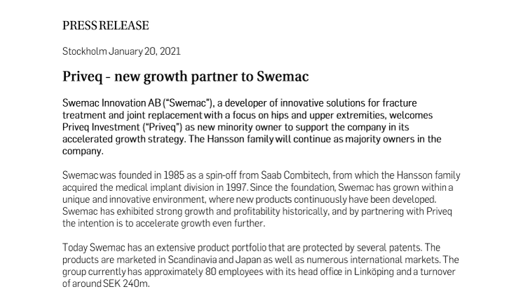 Priveq - new growth partner to Swemac